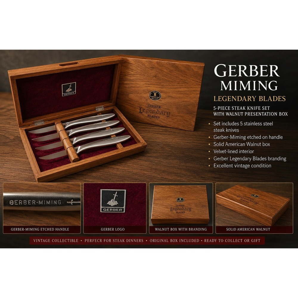 Gerber Legendary Blades Miming Steak Knife Set 4pc Solid Walnut Box Vintage